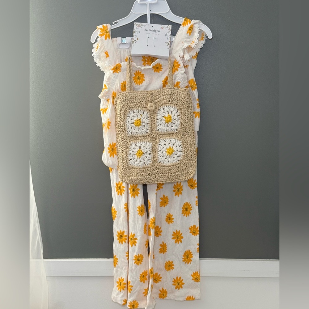 Haute Hippie White and Yellow Floral 2 Piece Set and Matching Crochet Tote